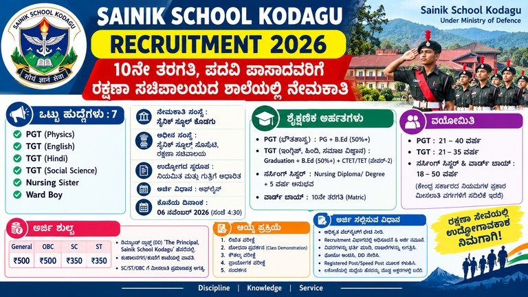 ಸೈನಿಕ್ ಸ್ಕೂಲ್ ಕೊಡಗು ನೇಮಕಾತಿ 2026